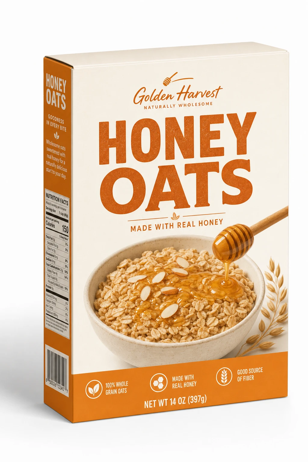 GPT Image 2 result: cereal box with legible flavor name, nutrition callouts, and barcode on 3D pack