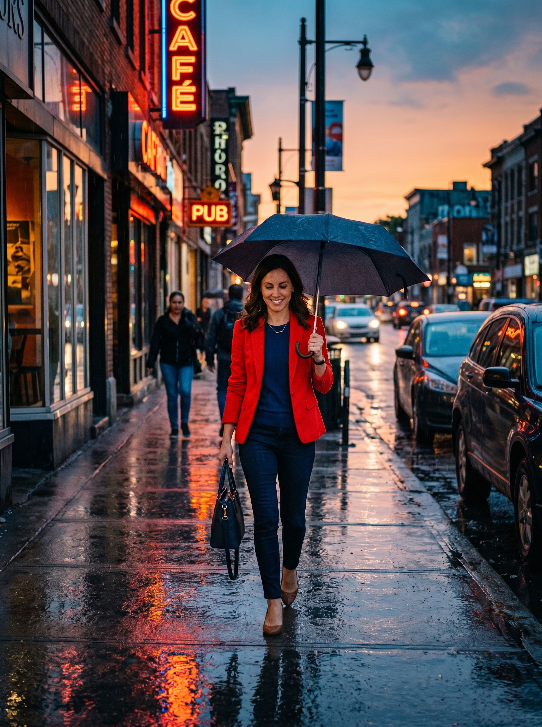 NanoBanana 2 result: same character in new urban background and walking pose, outfit and face consistent with reference