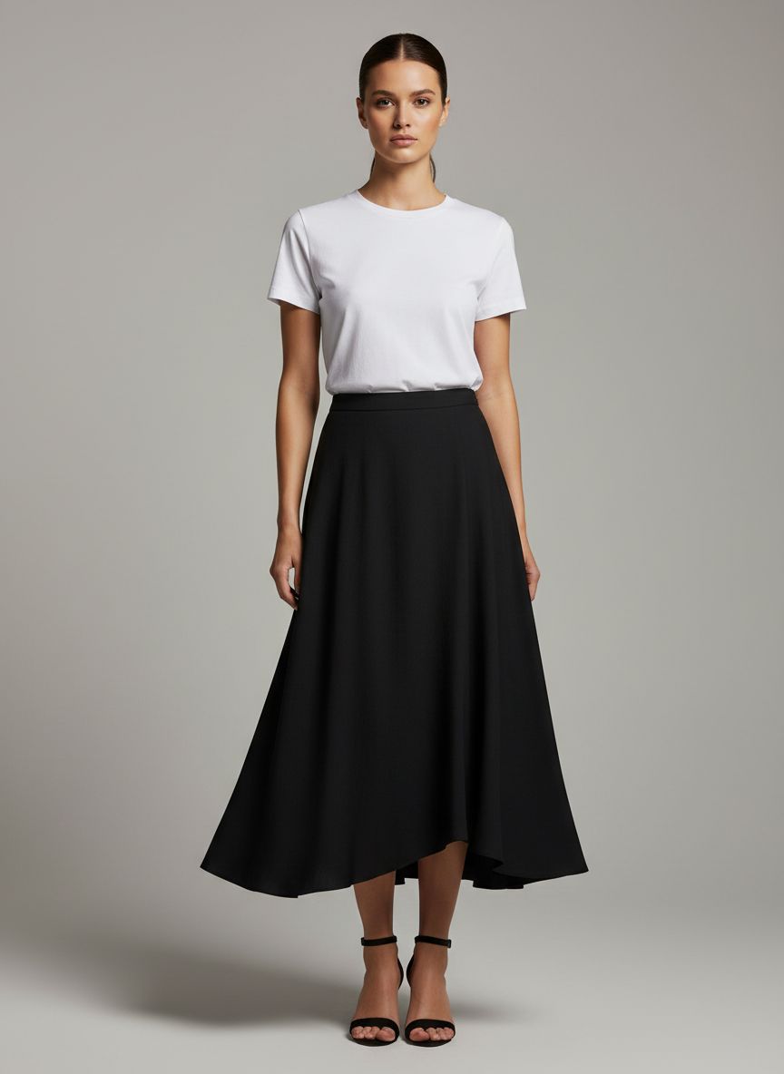Fashion editorial before NanoBanana — model in minimal white tee and black skirt on neutral studio backdrop