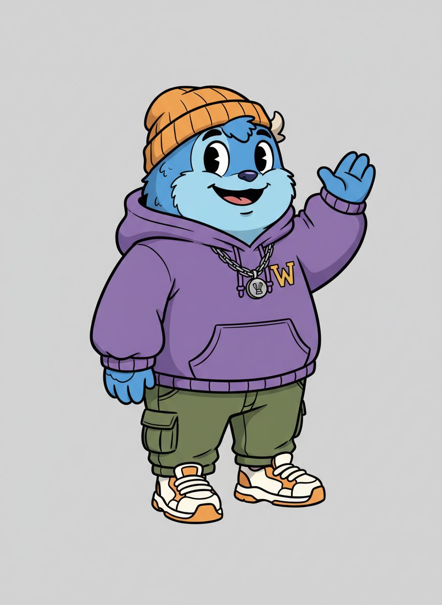 Character concept before NanoBanana — friendly mascot in streetwear, three-quarter view