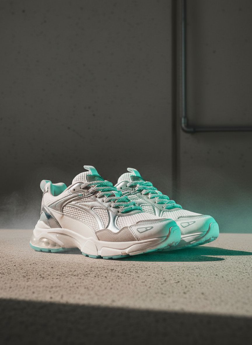 NanoBanana AI result: campaign-ready sneaker hero with teal rim light, warm bounce, and high micro-contrast
