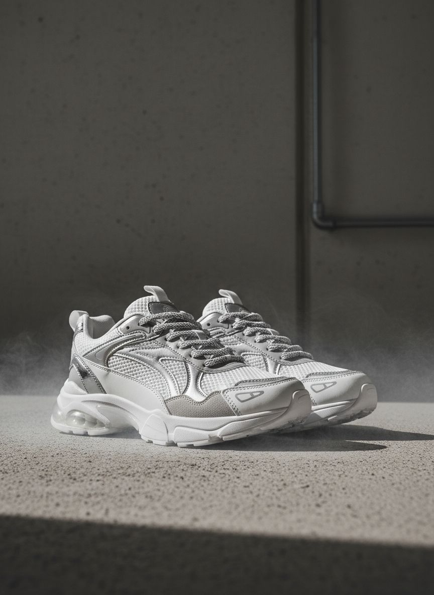 Product photo before NanoBanana — sneakers on concrete with hard side light and subtle mist