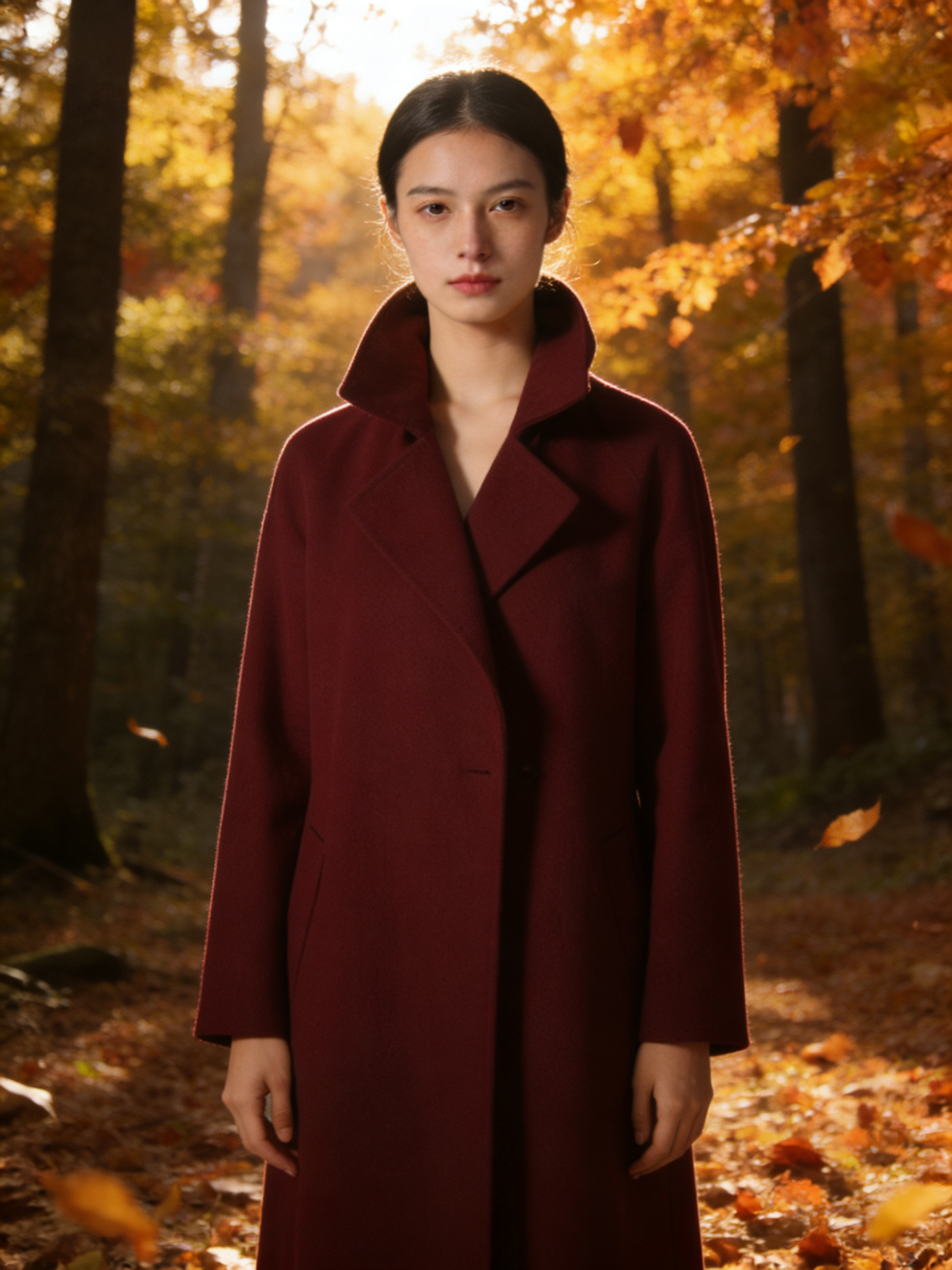 Seedream 4.5 result: same hero with new autumn forest background and burgundy wardrobe from reference-guided edit