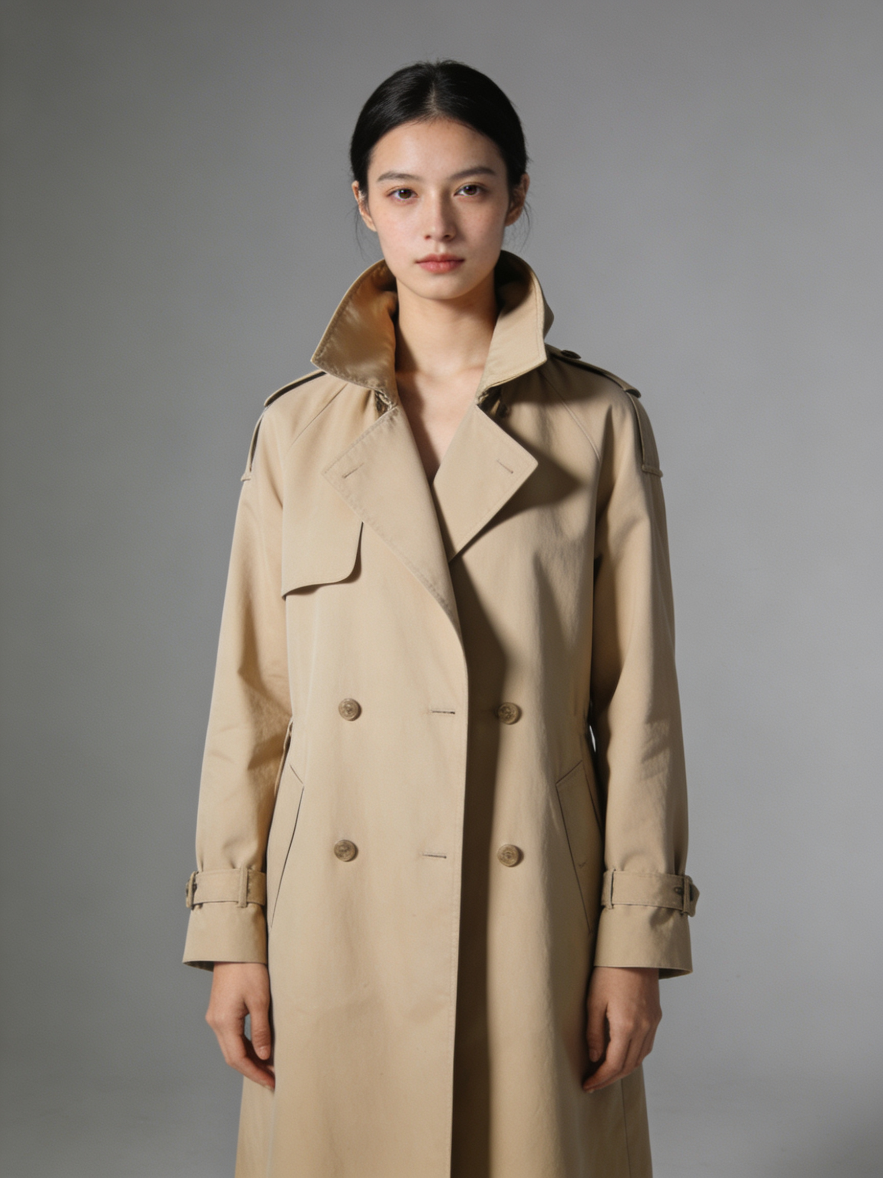 Hero campaign reference before Seedream 4.5 — model in beige coat on neutral studio background