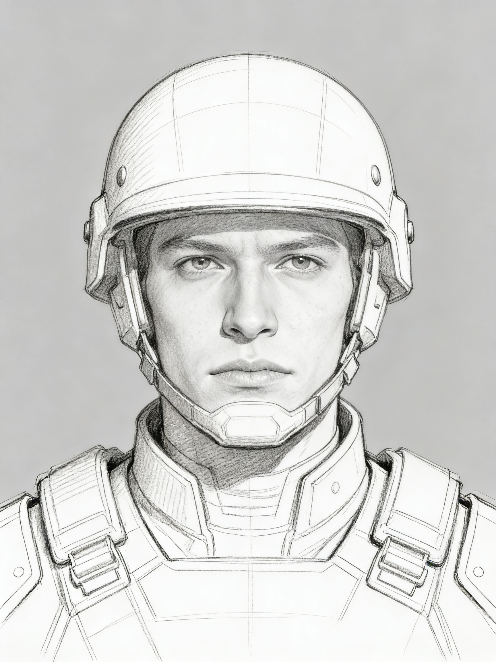 Flat lighting draft before Seedream 4.5 — simple character portrait on gray backdrop, not yet cinematic