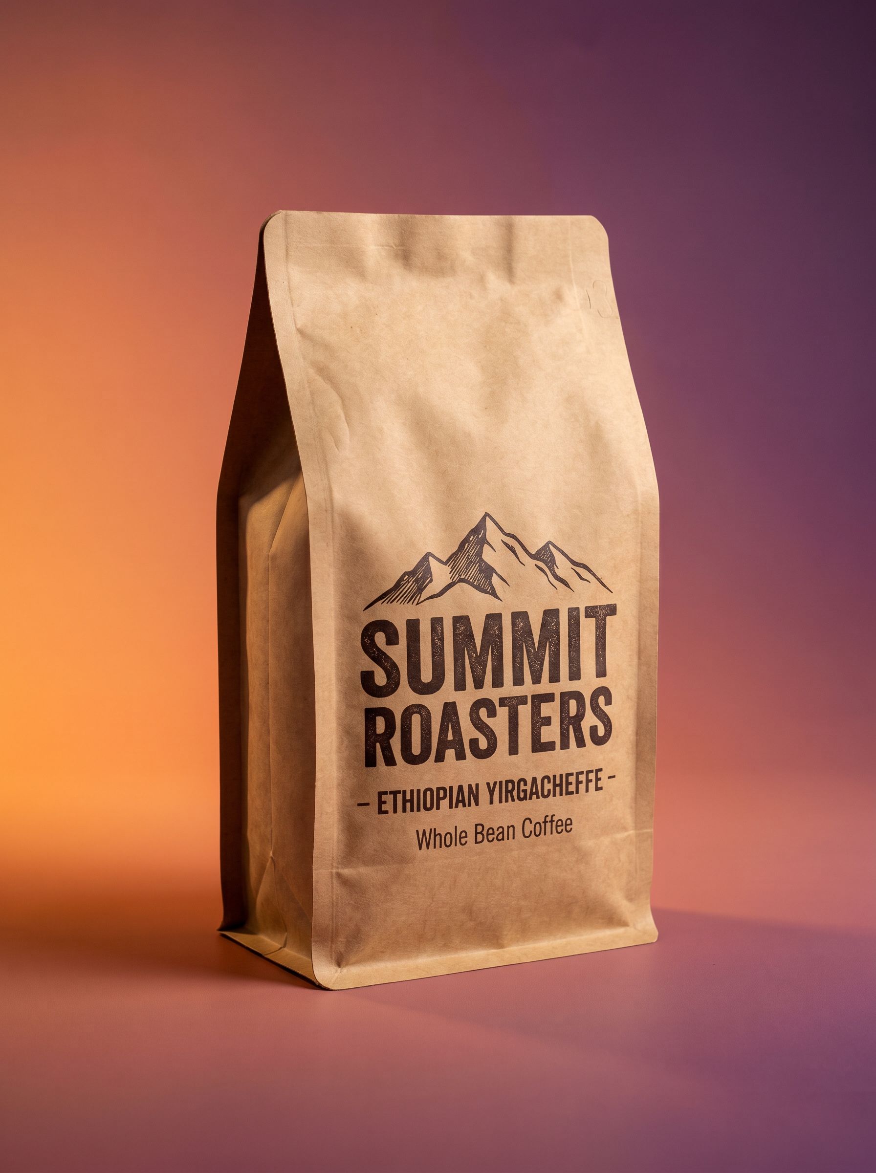 Brand object before background removal — coffee bag on a colorful gradient backdrop
