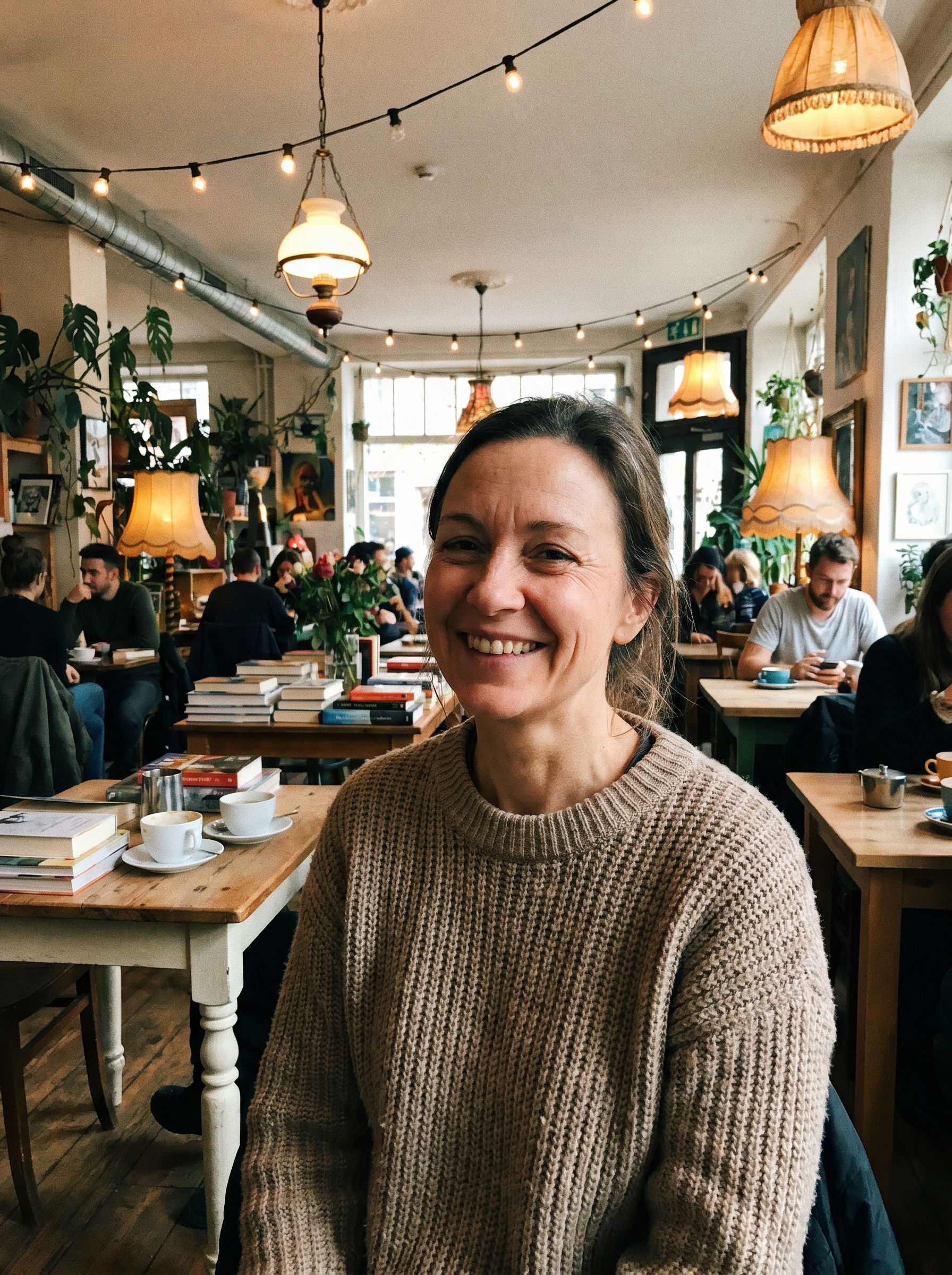 Portrait before background removal — woman in a café with cluttered background