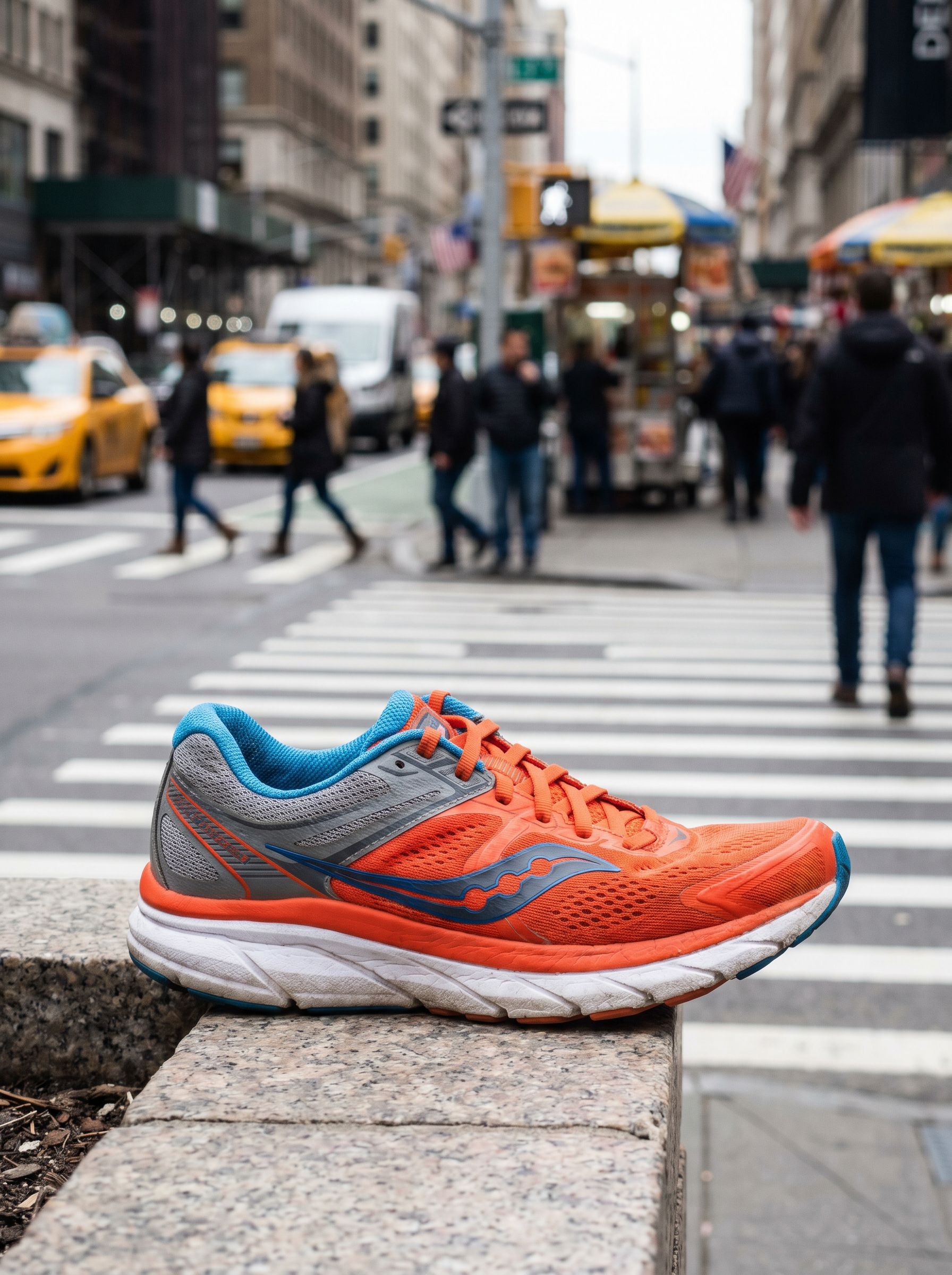 Product photo before AI background removal — running shoe on a busy outdoor street background